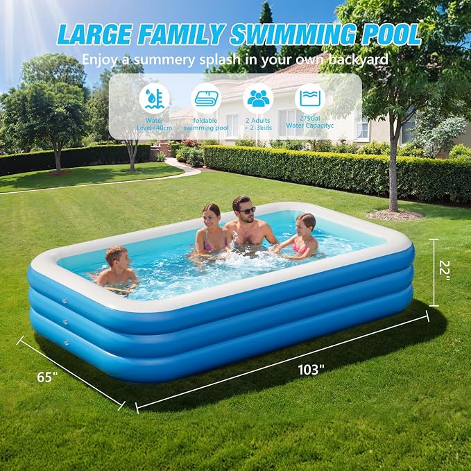 Inflatable Pool for Adults, 103'' x 65'' x 22'' Large Inflatable Pool for Adults, Blow up Pools, Rectangular Family Swimming Poo l, Oversized Thickened Family Inflatable Pools for Outdoor