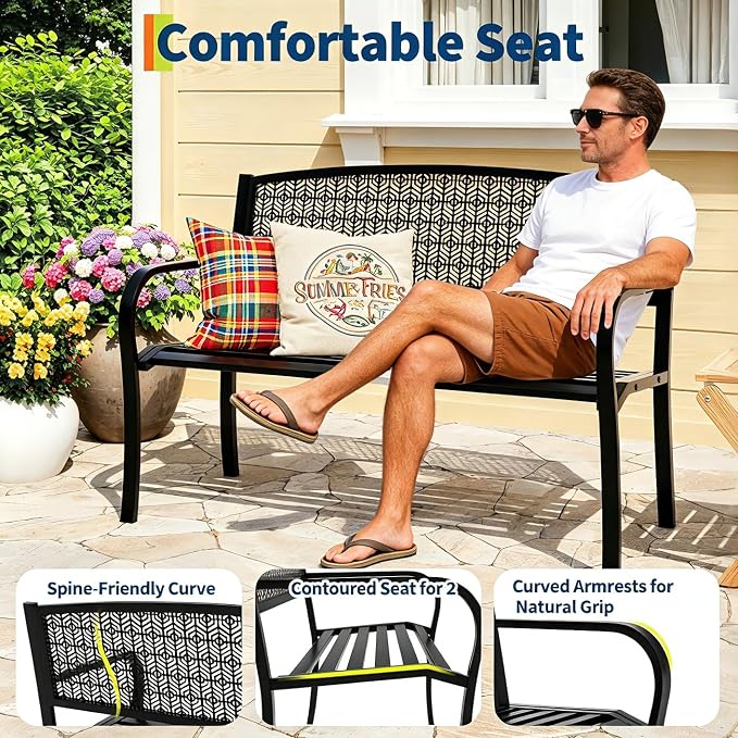 50" Outdoor Metal Garden Bench, Patio Steel Bench with Curved Backrest, Decorative Pattern, Weather-Resistant Porch Bench for Yard, Park, Deck, Backyard