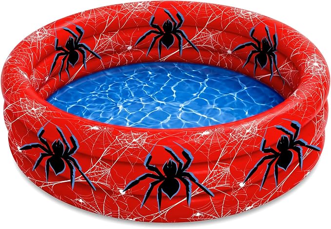 Arrowbash Spider Inflatable Pool 49" x 10" Red Spiderweb Swimming Pool | 3 Ring Design for Boys Girls, Spiderweb Pattern, Portable Blow up Pool, Summer Backyard Water Splash, Indoor Outdoor