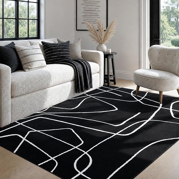 5x7 Washable Modern Abstract Black White Area Rug | Ultra-Thin Low Pile, Non-Slip TPE Backing, Soft Stain Resistant, Machine Washable, for Bedroom Livingroom High Traffic