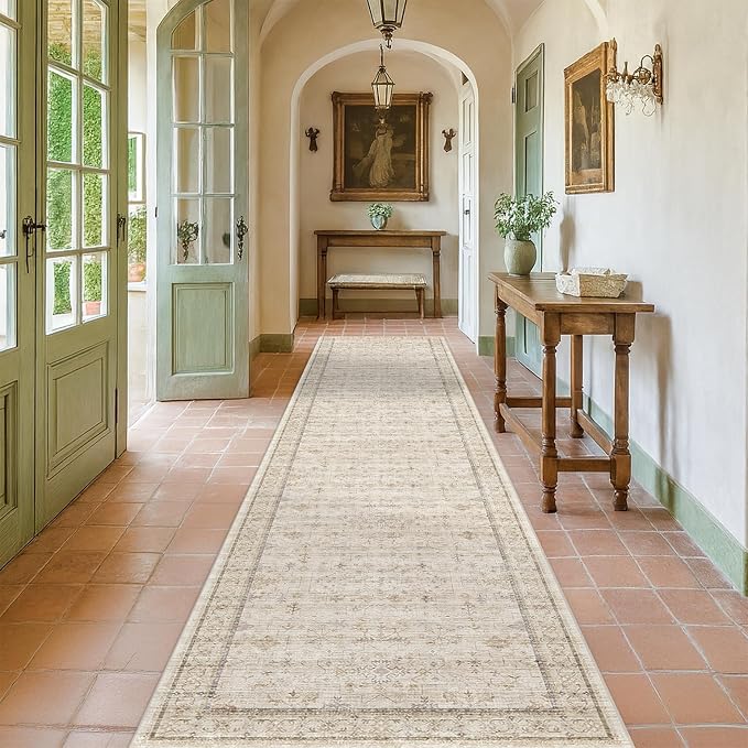 Beige Floral 3X12 Washable Long Hallway Runner Rug, Non-Slip Low-Pile Farmhouse Kitchen Rug, Neutral Vintage Distressed Oriental Carpet, Non-Shedding, Stain & Fade Resistant Home Décor