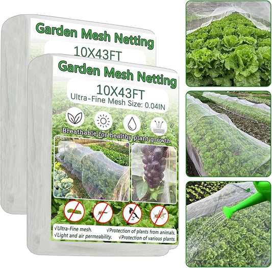 2PCS Insect Netting -10x43FT Fine Mesh Garden Protection Netting for Vegetables Plants Flowers Crops,Row Covers for Raised Bed from Birds Deer Squirrels Barrier Pest