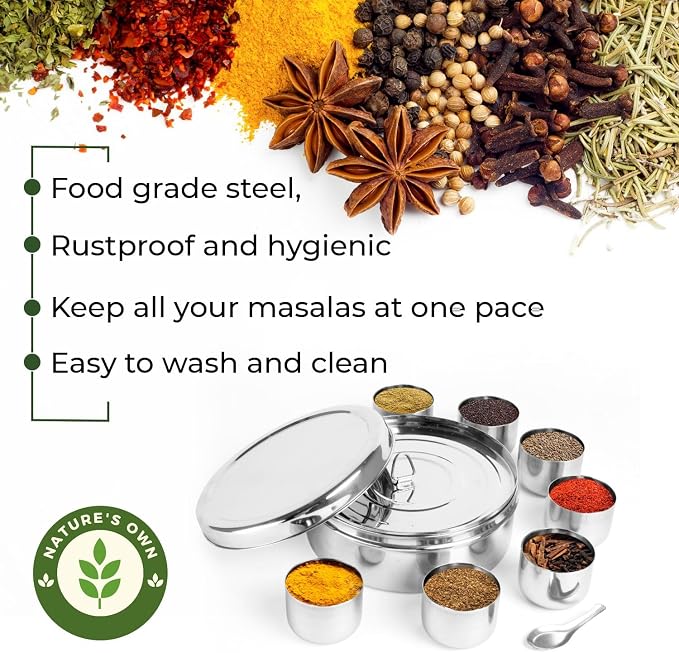 Nature's Own Masala Dabba - 7 Compartments, Stainless Steel Spice Box, Indian Masala Dabba with 7 Spice Containers, Size 8.66 x 8.66 x 3 Inches