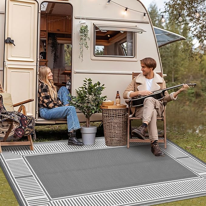 9x12 Outdoor Rug Waterproof Foldable Plastic Straw Carpet for Patio Porch Modern Striped Reversible Mat Border Lightweight Floor Mat for Picnic, Rv, Beach, Deck, Camper, Balcony，Grey/White