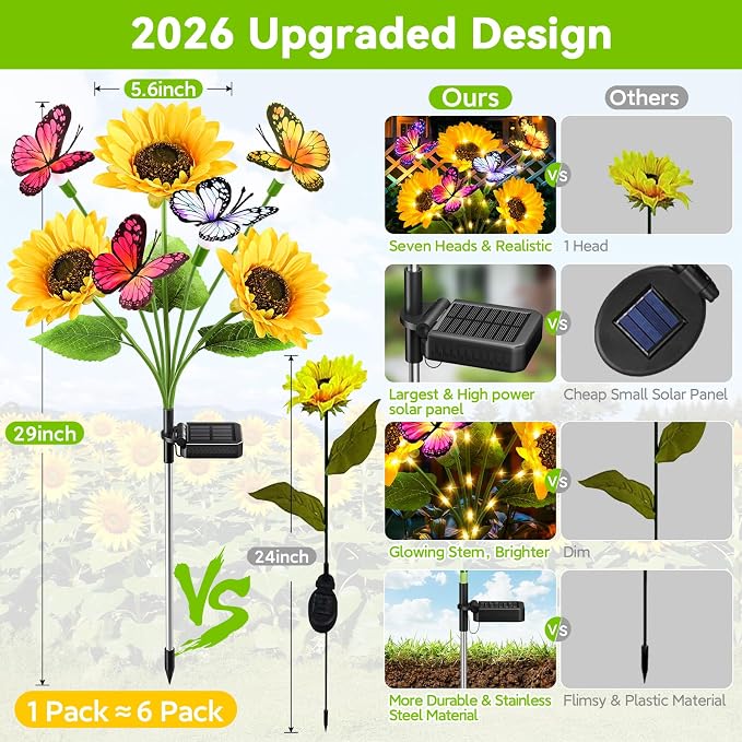 6 Pack Solar Garden Lights Outdoor, Sunflower Solar Lights with Butterfly IP65 Waterproof, Solar Flower Lights for Yard Patio Garden Decor, Auto On/Off Solar Sunflowers Decorative, Gifts for Mom Women