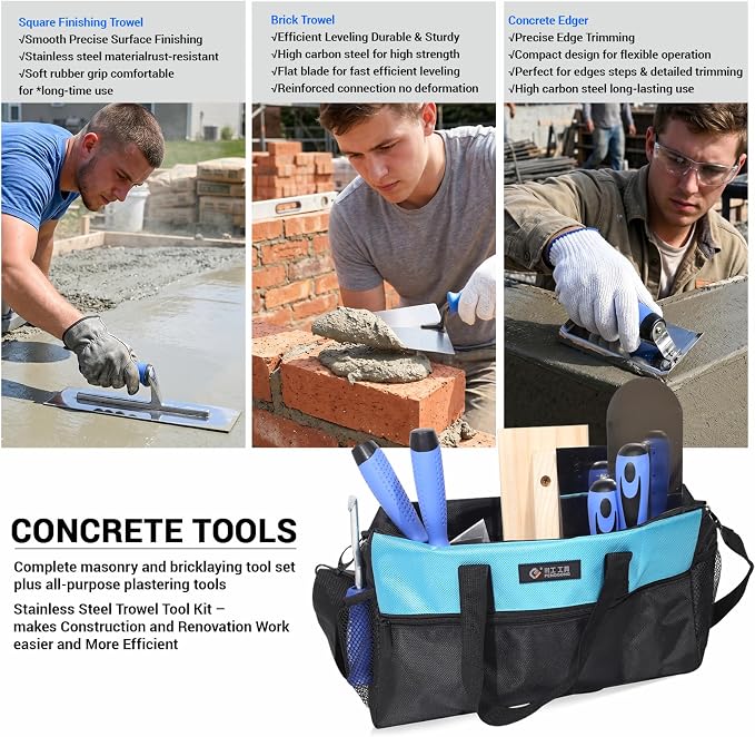 10PCS Concrete Trowel Set, Masonry Hand Tool Kit Includes Finishing Trowel, Pool Trowel, Wood Float, Edger, Groover, Margin Trowel, Wire Twister, Gloves & Carry Bag for Stucco and Cement Work
