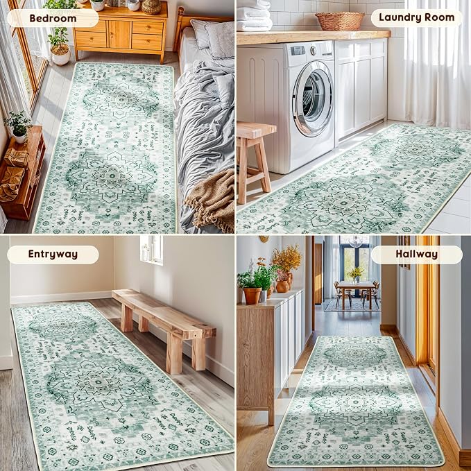 LBRO2M Machine Washable Rug Soft Pet Friendly Carpet 2'6" x 8' Green | Persian Runner Rug 2'6"X8' for HallWay, Bedroom, Kitchen, Laundry Room, Non Slip Carpet, Foldable Stain Resistant Rugs