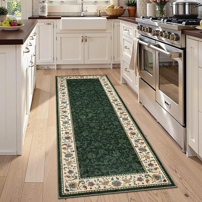 Garvee 2x6 Vintage Floral Kitchen Rugs Washable Rugs for Hallway | Green Boho Border Area Rug Stain Resistant Easy Cleaning Throw Rugs Low Pile Floor Cover for Bedroom Laundry