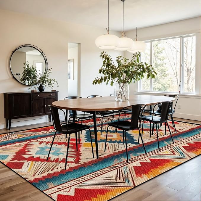 8x10 Area Rugs for Living Room Native American Indian Ornament Pattern Geometric Ethnic Textile Washable Large Area Rug for Bedroom Non Slip Outdoor Carpets Soft Mats Kitchen Home Office Decor