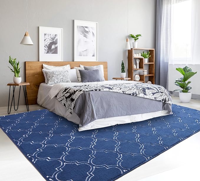 Chicrug 6x9 Shag Geometric Modern Area Rug for Bedroom Living Room | Memory Foam Indoor Carpet, Fluffy Rug for Bedside Room Decor for Family Girls Kids Nursery Play Mat, Navy and White