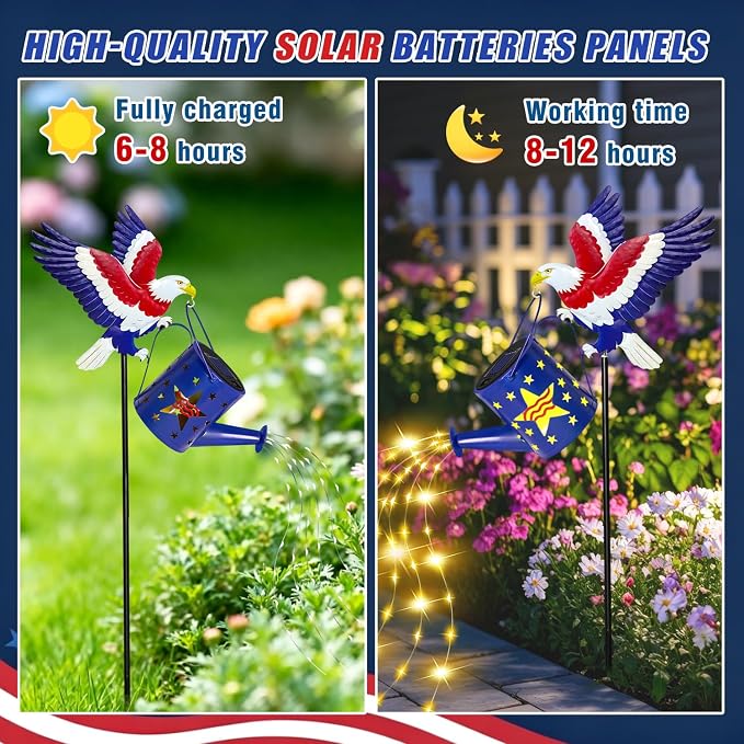 Solar Eagle Garden Lights Outdoor Decorations, Patriotic Watering Can Light with Cascading Fairy Lights, Solar Garden Decor for 4th of July, Memorial Day, Veterans Day, Yard, Patio, Lawn, Flower Bed