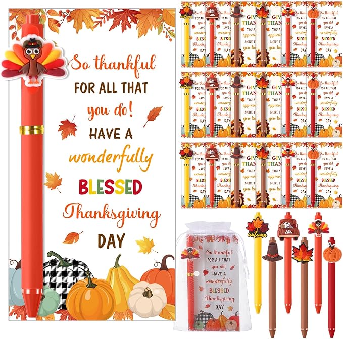 Marspark 30 Sets Fall Gifts Bulk Thanksgiving Ballpoint Pens and Thankful Maple Greeting Cards Set with Bags Twist Ties Autumn Holiday Appreciation Gifts for School Office Thanksgiving Party Favors