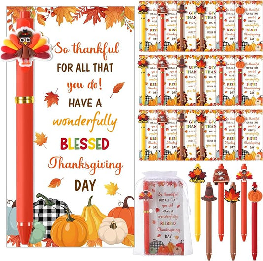 Marspark 30 Sets Fall Gifts Bulk Thanksgiving Ballpoint Pens and Thankful Maple Greeting Cards Set with Bags Twist Ties Autumn Holiday Appreciation Gifts for School Office Thanksgiving Party Favors