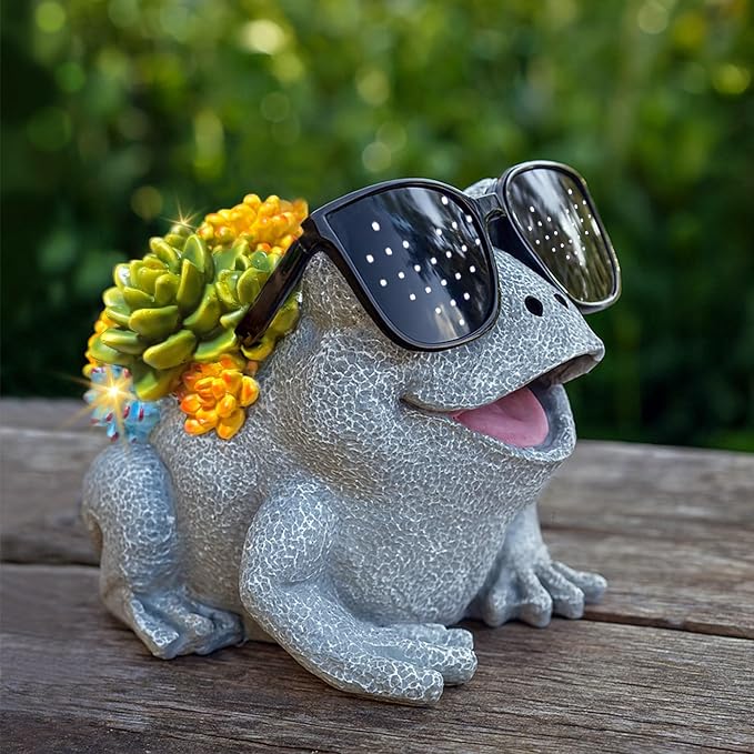 Frog Solar Garden Statue Decor with Succulent and Led Lights Outdoor Decoration for Lawn Backyard Patio Yard Ornament Housewarming Birthday Gifts for Mom Grandma Women