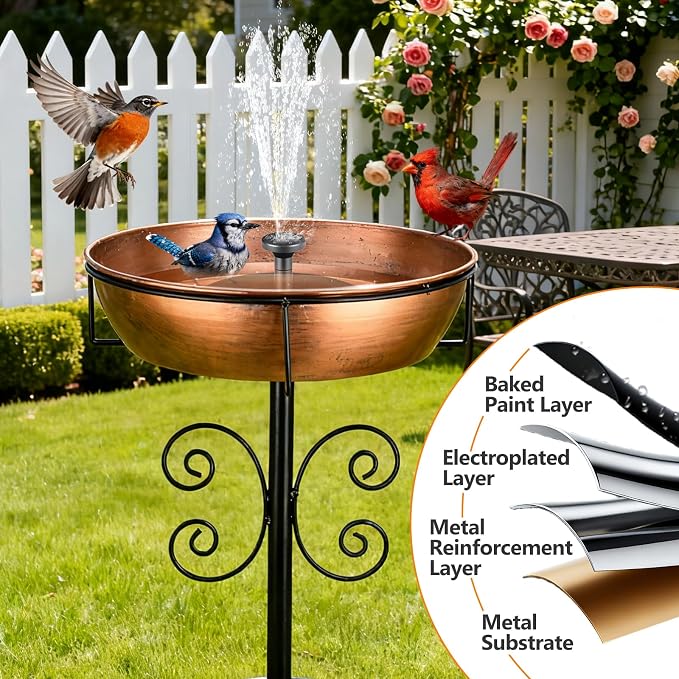 3" Deep 43" Tall Metal Bird Bath for Outdoors, 12" Dia Removable Bird Baths Water Bowl for Outside, Vintage Standing Birdbaths with Stable Stake for Garden Yard Lawn Decor 1.4 Gallon