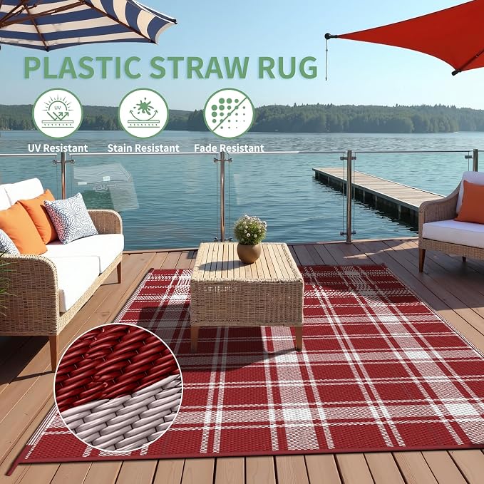 GENIMO Waterproof Outdoor Rug for Patio Clearance, 5'x8' Reversible Plastic Straw Rugs, Lightweight RV Camping Mat for Camper, Balcony, Deck, Backyard, Picnic, Red White Plaid