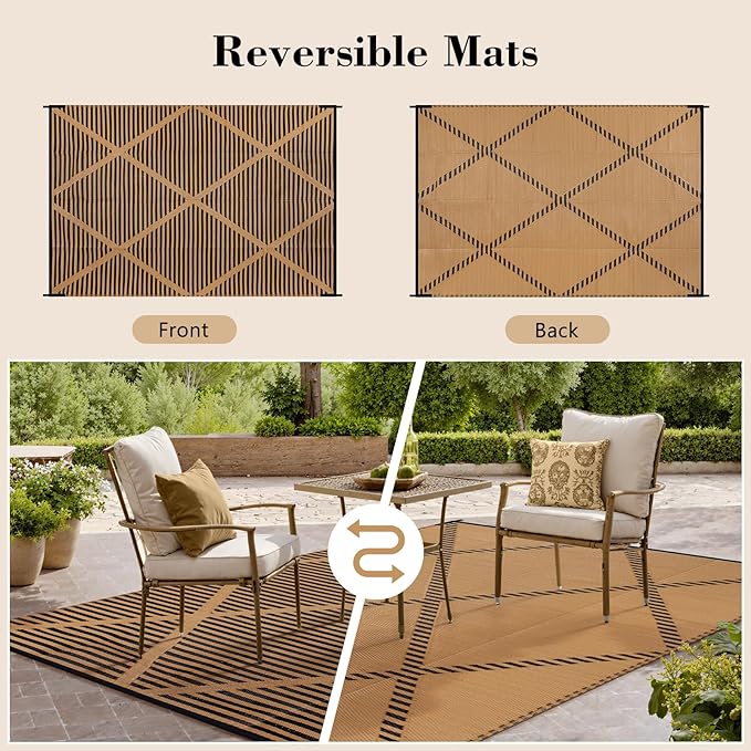 Lahome 9x12 Outdoor Plastic Straw Rug Waterproof, Neutral Reversible Outdoor Patio Rug, Large Portable Outside Camping Mats for Balcony Tent Floor Decor, Brown 9'x12'