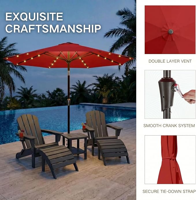Kingdura 9FT Outdoor Patio Umbrella with Solar Lights, Market Table Umbrella with Push Button Tilt & Crank, 8 Sturdy Ribs, 32 LED Lights, UV Protection for Garden Lawn Deck Backyard Pool (Red)