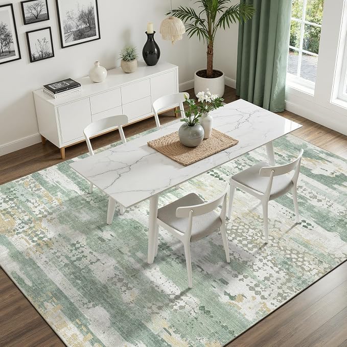 DCX Washable Abstract Area Rug 7x9, Non Slip Low Pile Rug, Sage Green | Easy to clean, non-shedding, soft, kid & pet friendly, with a non-slip rubber backing for living rooms, bedrooms, and offices