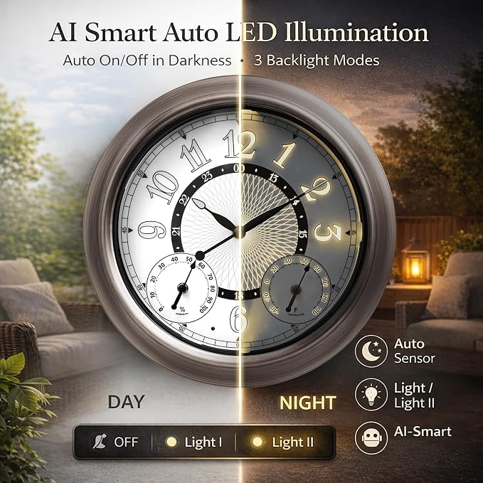 Pytha Sight Illuminated Large Metal Outdoor Clocks Waterproof 18 Inches With AI Auto Light Smart Sensor,Extra Big Indoor Outdoor Wall Clocks With Thermometer & Hygrometer for Patio, Pool, Garden,Porch