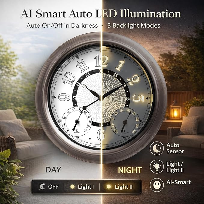 Pytha Sight Illuminated Large Metal Outdoor Clocks Waterproof 15 Inches with AI Auto Light Smart Sensor,Large Indoor Outdoor Wall Clocks with Thermometer & Hygrometer for Patio, Pool, Garden,Porch
