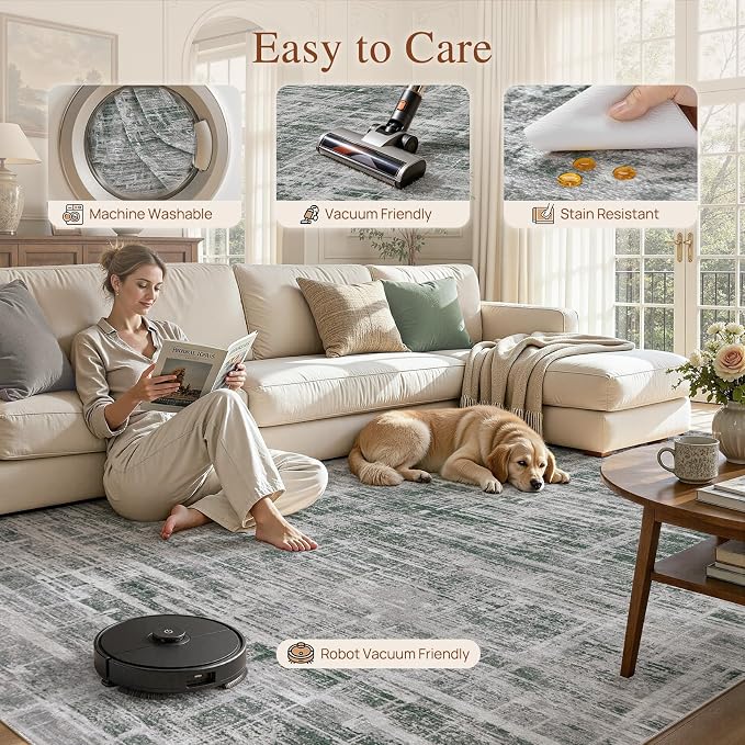UERMEI 5x7 Area Rug for Living Room Washable Abstract Grey/Green Carpet | Low Pile Non-Slip Soft Neutral Modern Kid Pet Friendly Large Rugs For Bedroom Dining Room Nursery Office Indoor Decor