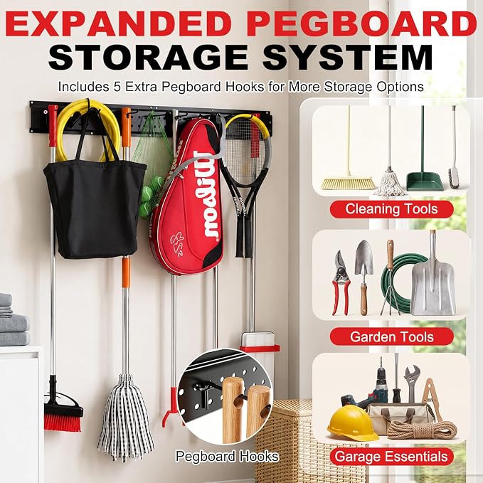 Garage Tool Organizer Wall Mount 99 inches with 18 Adjustable Heavy-Duty Hooks, Garage Organization, Garden Tool Storage Rack, Yard, and Shed, Holds Up to 750 lbs