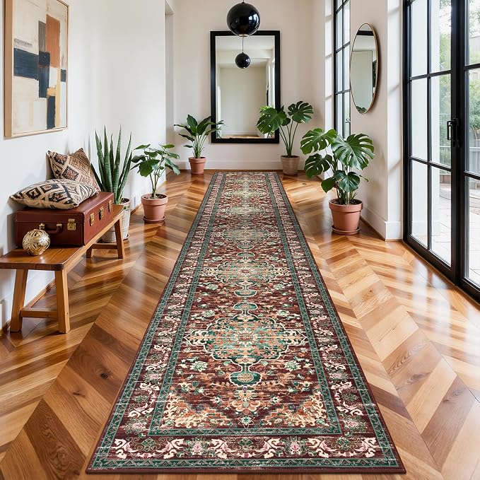 U'Artlines 3' x 18' Boho Hallway Runner Rug, Washable Carpet, Rust＆Teal | Non Slip, Vintage Farmhouse Accent Area Rug Carpet, for Bedroom, Dining Room, Laundry and Living Room