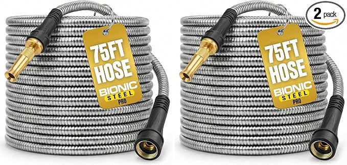 BIONIC STEEL 75ft Stainless Steel Garden Hose | Ultra Durable | Kink Free | With Brass Fittings | Pack of 2