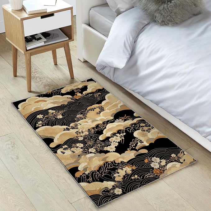 2x3 Black Area Rugs Boho Japanese Rug for Bathroom Kitchen Entryway Indoor Soft Non-Slip Thin Carpet Modern Abstract Rugs for Office Dining Room Under Table Washable Machine