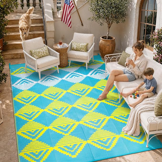 Beeiva Outdoor Rug 8x10 Waterproof for Patio, Reversible Outdoor Patio Rug for Backyard, Deck, Blue Yellow