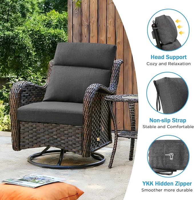 Outdoor Patio Chair Cushions 44x21x3.5 inch, Set of 2 Thicken Comfy Cushions for Rocker Non Slip Fade Shield Water Repellent High Back with Ties, Charcoal