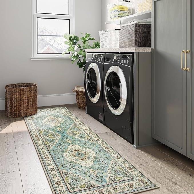 Lahome Felice Floral Medallion Runner Rug - 2x6 Hallway Bedside Turkish Throw Rug Runner Mat Soft Faux Wool Non-Slip Machine Washable Floor Carpet for Kitchen Laundry Bathroom, Sky/Baby Blue