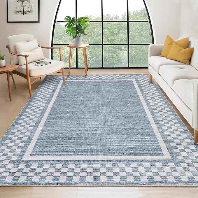 GarveeHome Washable Area Rugs 10x13 Non Slip Soft Large Living Room Rug | Modern Checkered Bedroom Rug Soft Geometric Bordered Throw Carpet for Dining Room Home Decor Office Nursery, Blue