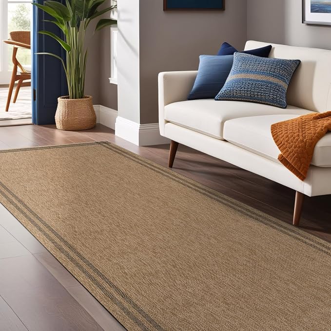 Luul Home Easy Jute Rugs 2x7 Bordered Natural Color Living Room Indoor Outdoor Runner Rug for Patio and Kitchen Rug High Traffic Washable Easy to Clean Solid Boho Woven Design Outside Carpet (2 x 7)