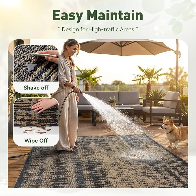 MontVoo Outdoor Rug Waterproof 8x10 ft Outdoor Carpet Patio Rug Mat Reversible RV Camping Rug Plastic Straw Outside Rug for Balcony Porch Deck Picnic Beach Modern Black Brown