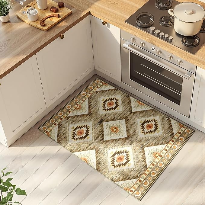 Area Rug 2x3 Rug Machine Washable Non-Slip Low Pile Print Pattern Western Rug for Living Room Bedroom Entryway Tribal Series -Cream/Camel | Western No Slip Low Pile Print Foldable Indoor Small Rug for Kitchen entryway doormat