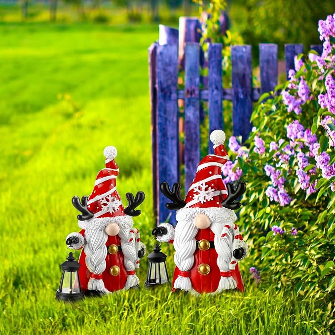 Suzile 2 Pack 9.4 Inch Gnome Statue Christmas Garden Decor with Solar Lights Resin Outdoor Christmas Decoration Figurine with LED Lantern Outside for Courtyard Lawn Patio Porch Housewarming Gift