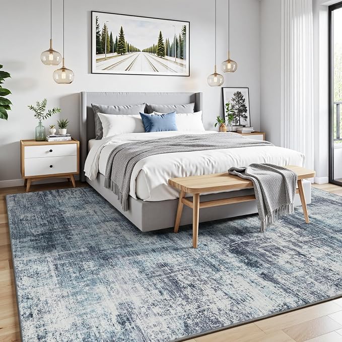 Lofus 5x7 Area Rug for Living Room, Abstract Washable Non-Slip Rugs, Blue | Soft Neutral Carpet for Bedroom, Dining Room, Home Office Nursery Indoor, Stain Resistant, Non-Slip, Low Pile Modern Rug
