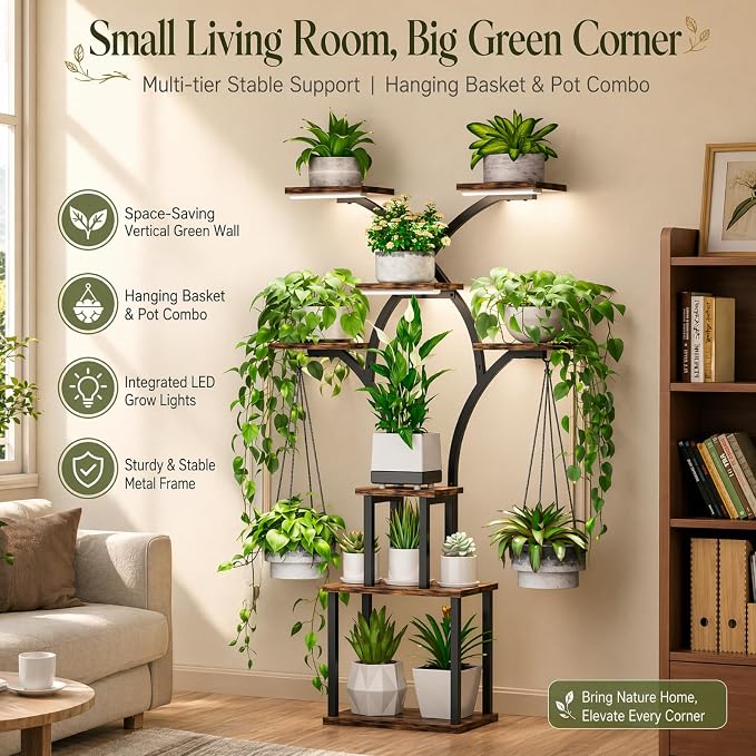 Elbourn 8 Tiered 60" Tall Plant Stand Indoor Shelf with Grow Lights (Brown) | Corner Shelf Decor