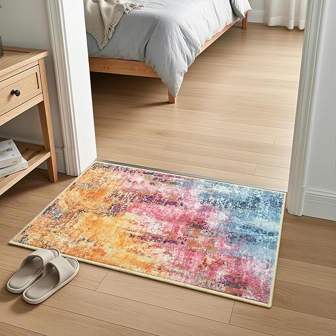 Colorful Washable Small Area Rug, 2x3 Abstract Non-Slip Door Mat, Modern Low Pile Indoor Entryway Rugs, Stain Resistant Throw Carpet for Front Door, Kitchen, Entry, Inside Entrance