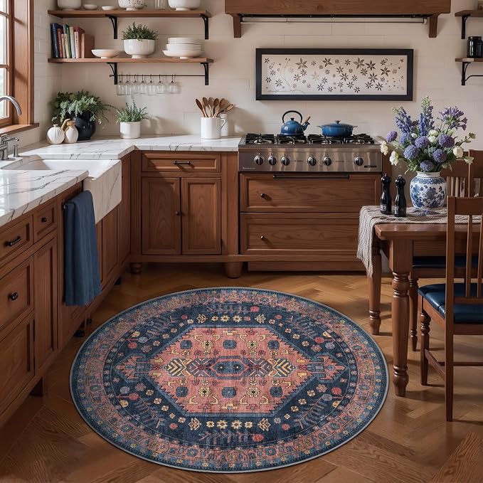 Ciicool 4ft Round Area Rug for Entryway,Washable Soft Circle for Kitchen | Vintage Non-Slip Low-Pile Oriental Indoor Mat Soft Boho Entry Carpet for Bedside Living Room Laundry Bathroom Dining Room