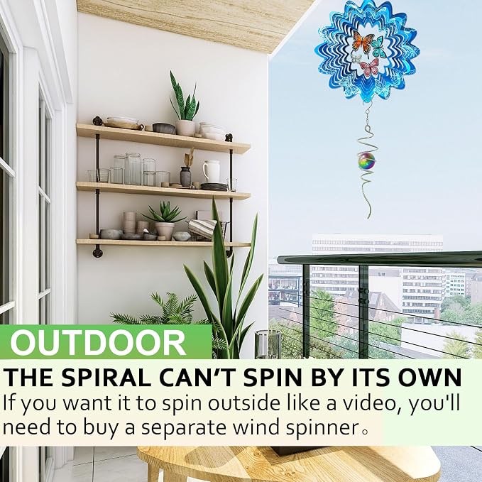 Gazing Ball Spiral Tail,Wind Spinners Stabilizer with Multi Colors Orb,Wind Spinner Tail Visual Illusion in Spinning,Hanging Rotating Art Decor,Indoor Outdoor Garden Decoration-13in