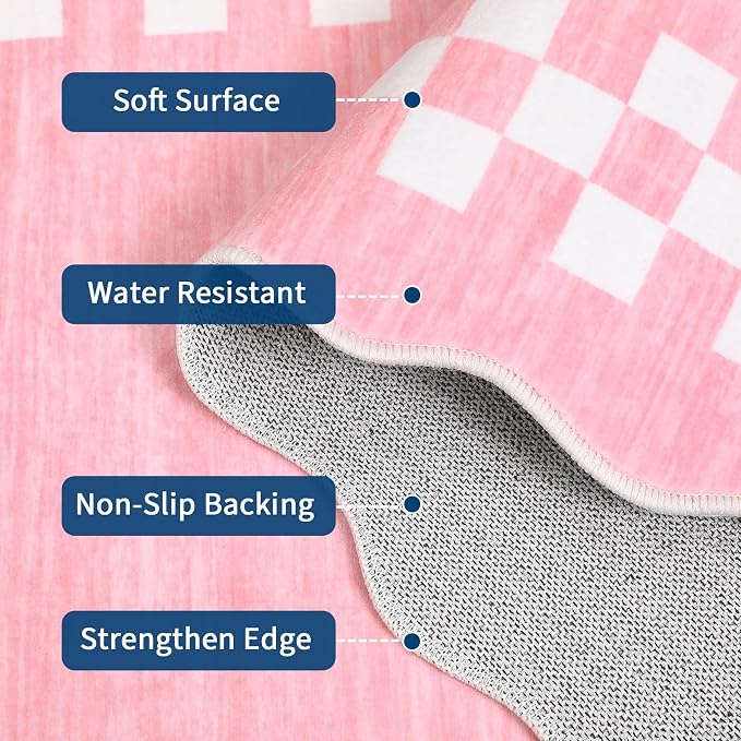GarveeHome Small Bedroom Area Rug 3x5 Checkered Area Rug for Living Room | Nursery Non Slip Kitchen Throw Carpet Low Pile Modern Bordered Rugs Washable Pink Rugs for Laundry Entryway, Pink