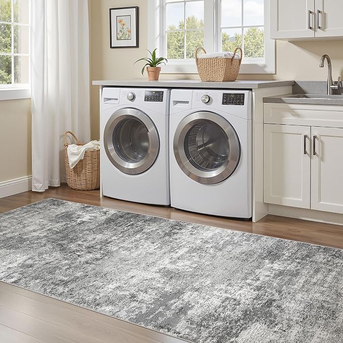 DMOYEST 3x10 Washable Runner Rug for Hallway Abstract Soft Carpet Runner | Neutral Modern Low Pile Area Rug Kid & Pet Friendly Non-Slip Carpet for Entryway Kitchen Dining Room - Grey