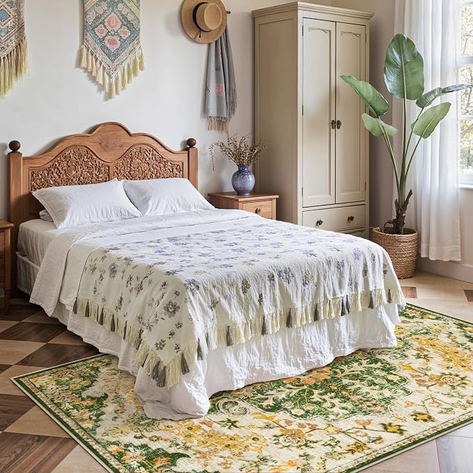 Lahome Reine Bohemian Floral Medallion Area Rug, 4x6 Soft Rugs for Living Room Washable Rugs for Bedroom, Vintage Non Slip Indoor Carpet for Apartment Dining Room Kitchen, Yellow/Green/Multi