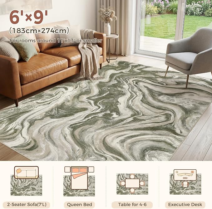 DMOYEST 6x9 Area Rug for Living Room Washable Abstract Indoor Carpet | Neutral Modern Low Pile Rugs Kid & Pet Friendly Soft Thin Carpet for Bedroom Dining Room and Office - Olive Green