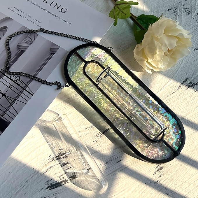 LITMIND Iridescent Stained Glass Plant Propagation Station - Vibrant Hanging Hydroponic Planter Terrarium with 2 Glass Tubes - Perfect for Home & Garden Décor