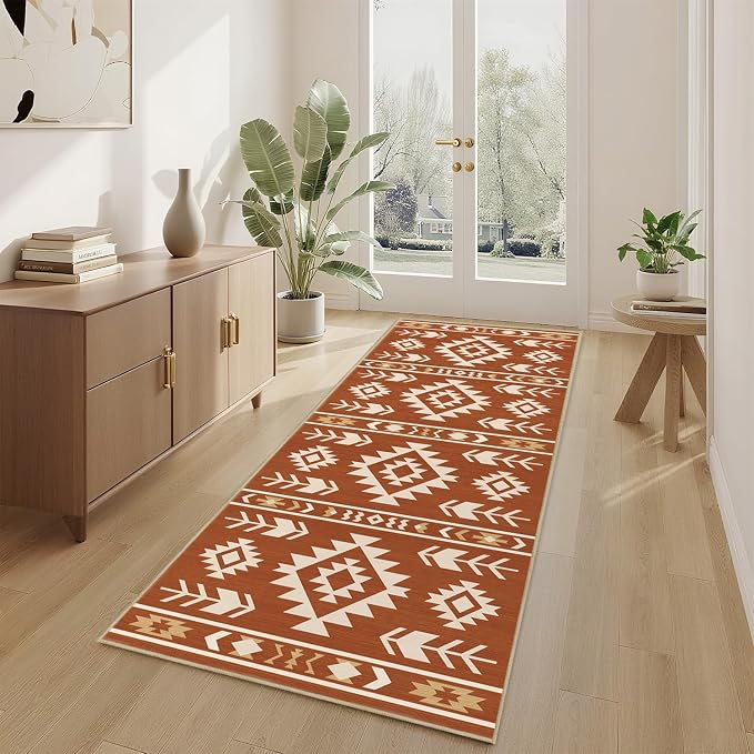 Western Runner Rug 2x6 for Hallway Kitchen Bedroom, Southwestern Aztec Tribal Runner Rugs Southwest Navajo Machine Washable Rug Non-Slip Printed Low-Pile Floor Carpet Mat for Living Room, Yellow Brown
