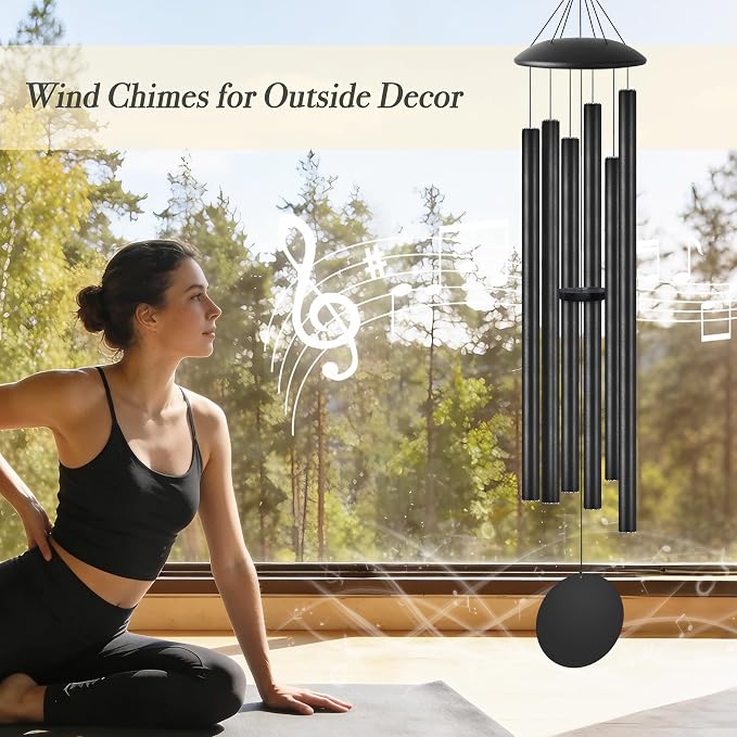 60" Extra Large Wind Chimes with Outside Deep Tone, 6 Thick and Bold Aluminum Tubes, Coolest Metal Windchimes Outdoors, Unique Gift for Mom Women Grandma Neighbors, Garden Decoration(Black)